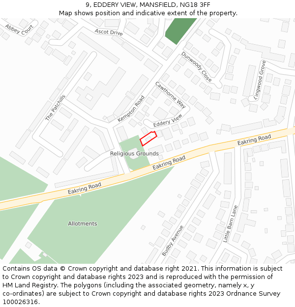 9, EDDERY VIEW, MANSFIELD, NG18 3FF: Location map and indicative extent of plot