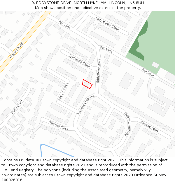 9, EDDYSTONE DRIVE, NORTH HYKEHAM, LINCOLN, LN6 8UH: Location map and indicative extent of plot