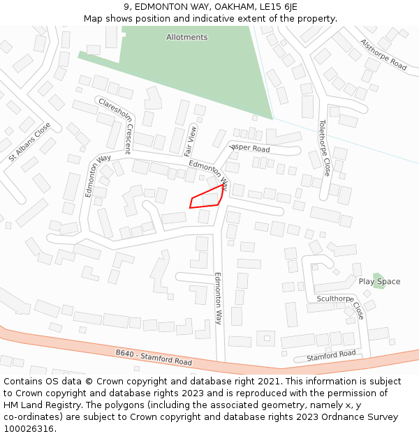 9, EDMONTON WAY, OAKHAM, LE15 6JE: Location map and indicative extent of plot