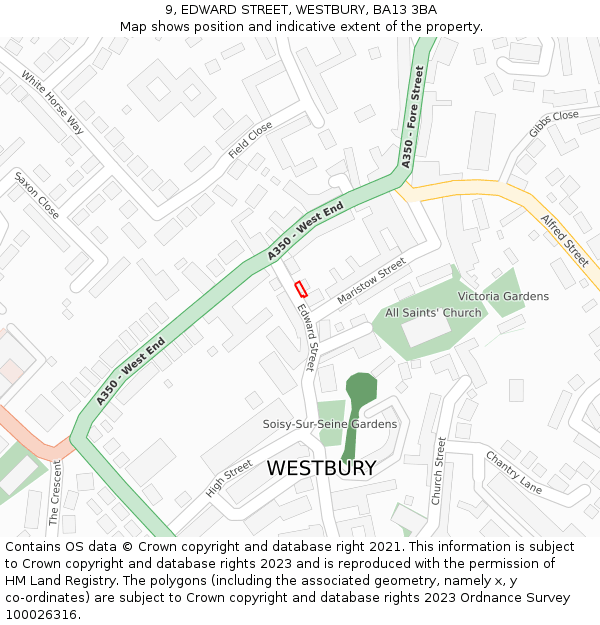 9, EDWARD STREET, WESTBURY, BA13 3BA: Location map and indicative extent of plot