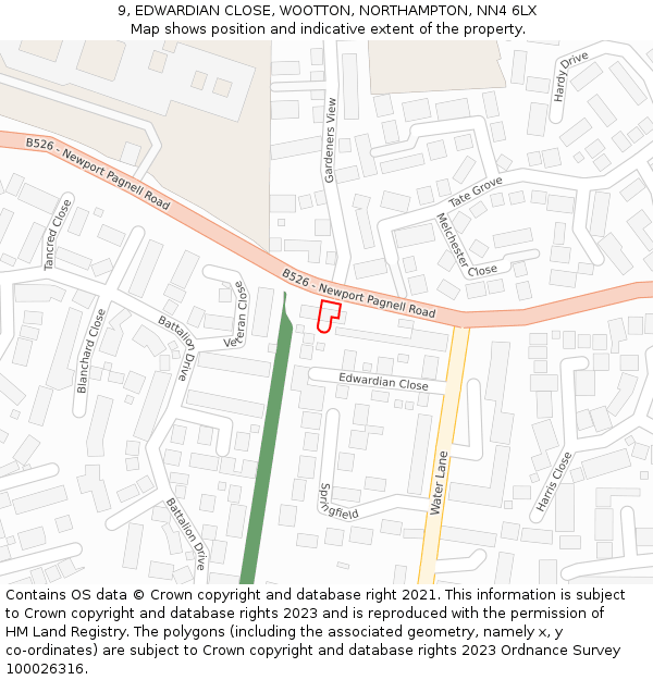 9, EDWARDIAN CLOSE, WOOTTON, NORTHAMPTON, NN4 6LX: Location map and indicative extent of plot