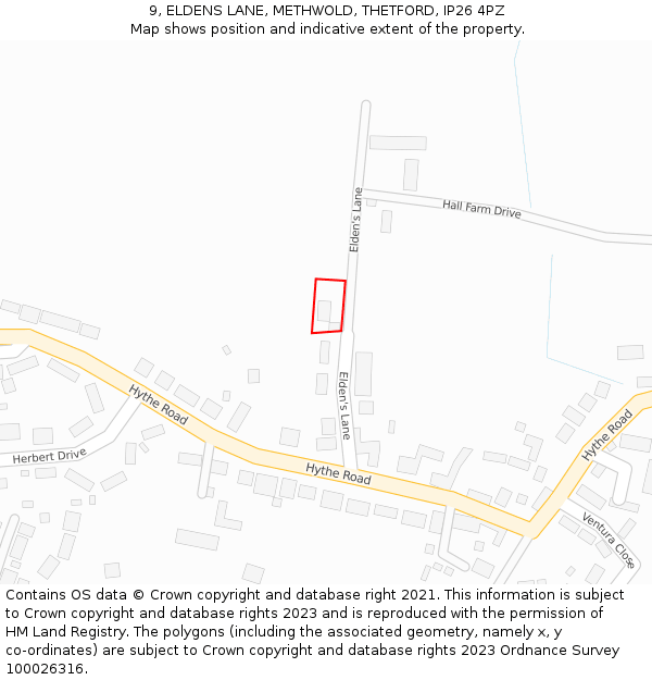 9, ELDENS LANE, METHWOLD, THETFORD, IP26 4PZ: Location map and indicative extent of plot