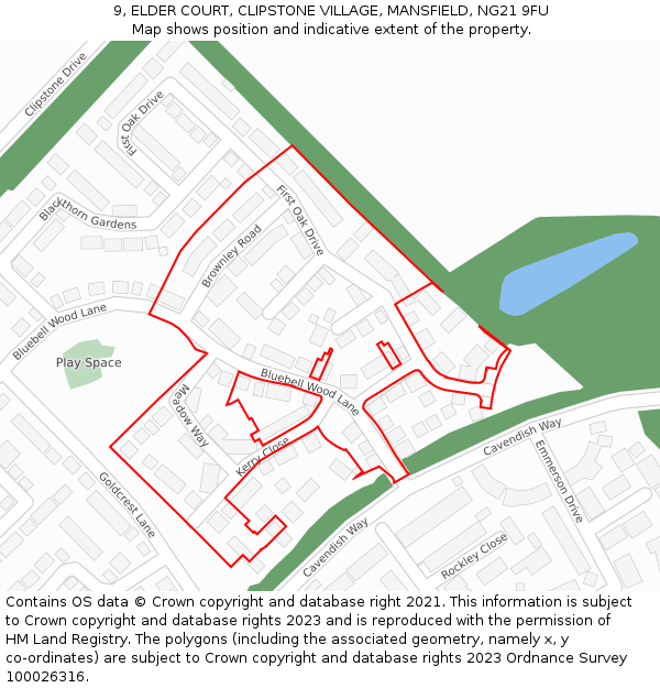 9, ELDER COURT, CLIPSTONE VILLAGE, MANSFIELD, NG21 9FU: Location map and indicative extent of plot