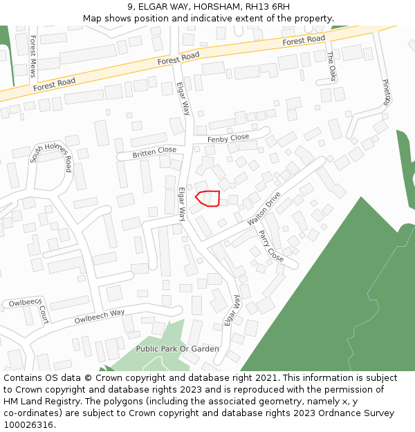 9, ELGAR WAY, HORSHAM, RH13 6RH: Location map and indicative extent of plot