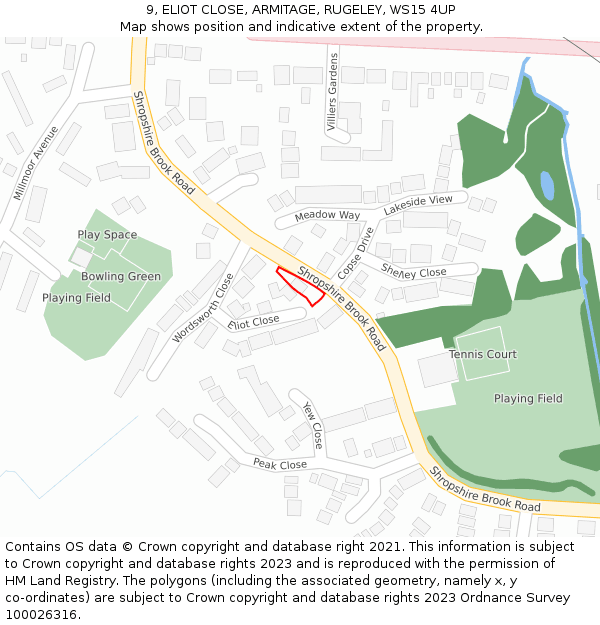 9, ELIOT CLOSE, ARMITAGE, RUGELEY, WS15 4UP: Location map and indicative extent of plot