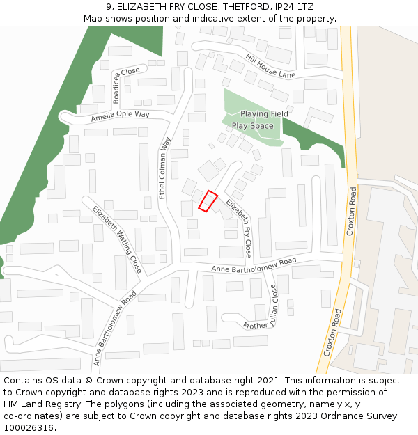 9, ELIZABETH FRY CLOSE, THETFORD, IP24 1TZ: Location map and indicative extent of plot