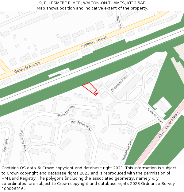 9, ELLESMERE PLACE, WALTON-ON-THAMES, KT12 5AE: Location map and indicative extent of plot