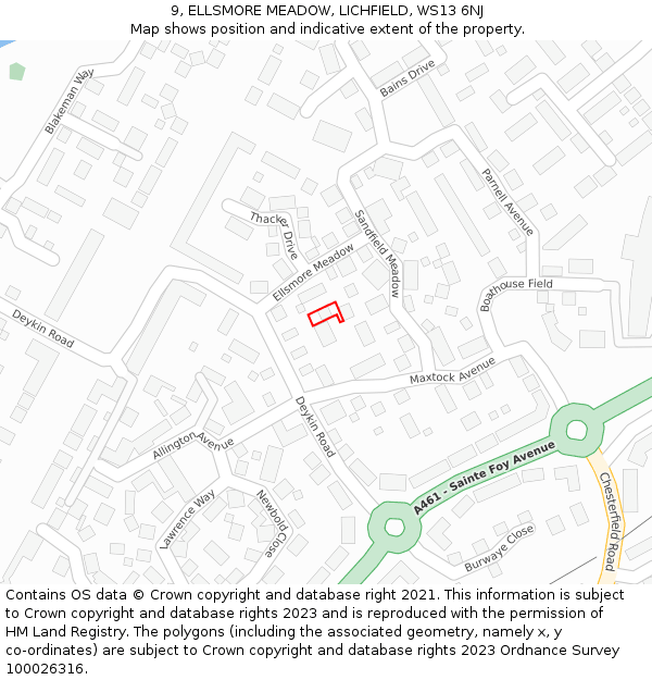 9, ELLSMORE MEADOW, LICHFIELD, WS13 6NJ: Location map and indicative extent of plot