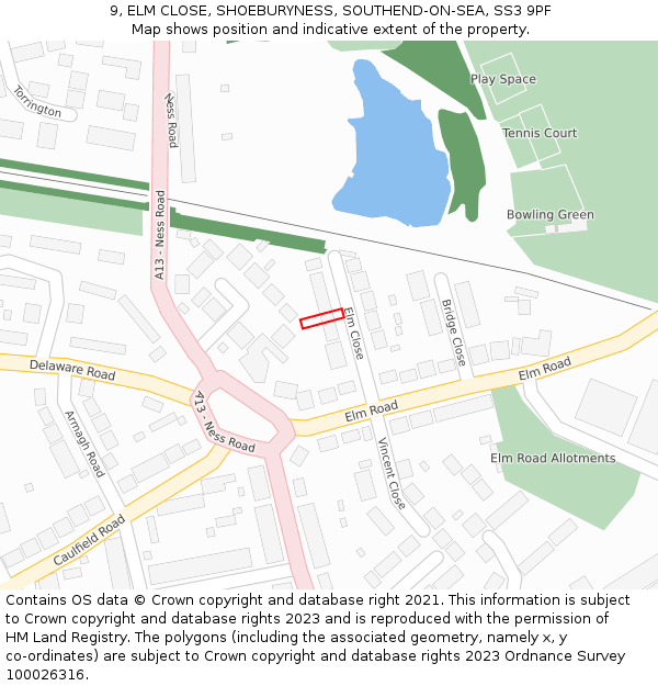 9, ELM CLOSE, SHOEBURYNESS, SOUTHEND-ON-SEA, SS3 9PF: Location map and indicative extent of plot
