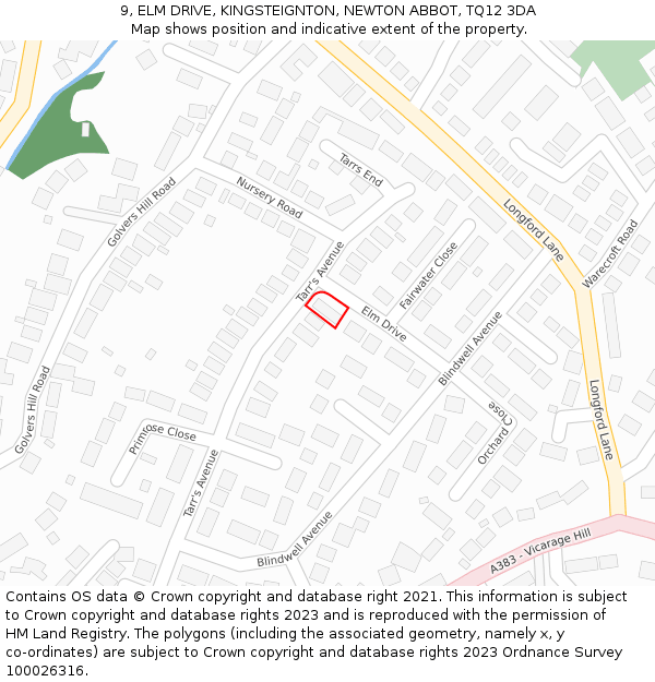 9, ELM DRIVE, KINGSTEIGNTON, NEWTON ABBOT, TQ12 3DA: Location map and indicative extent of plot
