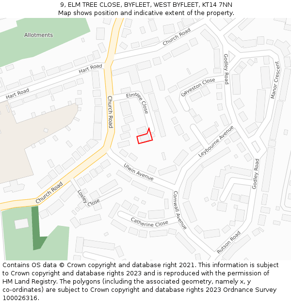 9, ELM TREE CLOSE, BYFLEET, WEST BYFLEET, KT14 7NN: Location map and indicative extent of plot