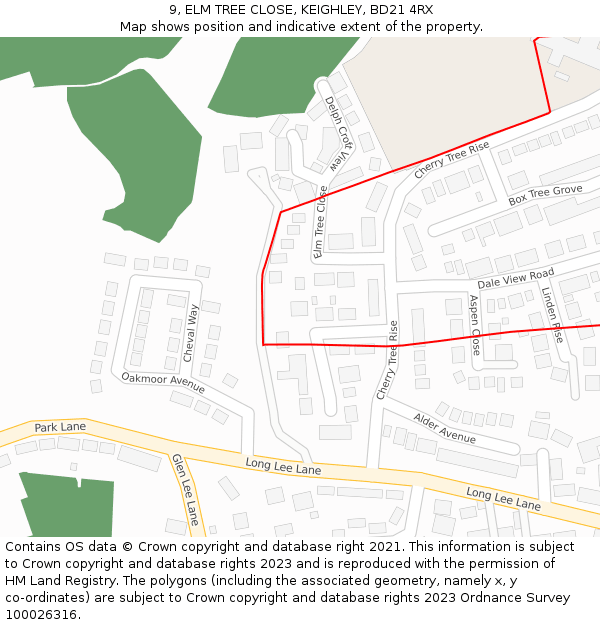 9, ELM TREE CLOSE, KEIGHLEY, BD21 4RX: Location map and indicative extent of plot