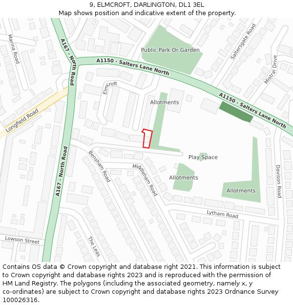 9, ELMCROFT, DARLINGTON, DL1 3EL: Location map and indicative extent of plot