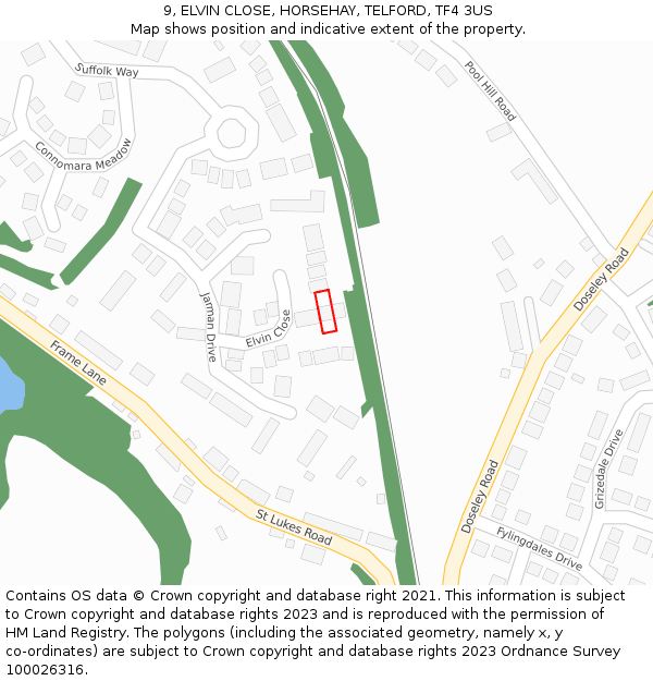 9, ELVIN CLOSE, HORSEHAY, TELFORD, TF4 3US: Location map and indicative extent of plot