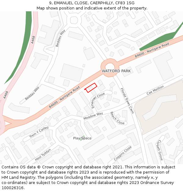 9, EMANUEL CLOSE, CAERPHILLY, CF83 1SG: Location map and indicative extent of plot