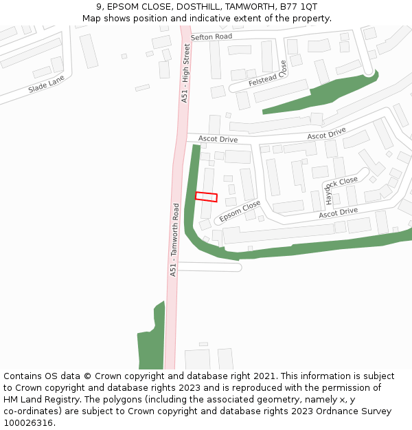 9, EPSOM CLOSE, DOSTHILL, TAMWORTH, B77 1QT: Location map and indicative extent of plot