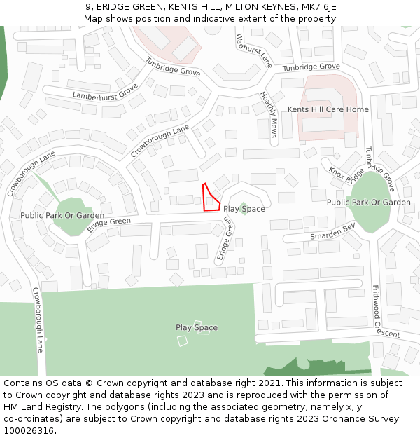 9, ERIDGE GREEN, KENTS HILL, MILTON KEYNES, MK7 6JE: Location map and indicative extent of plot