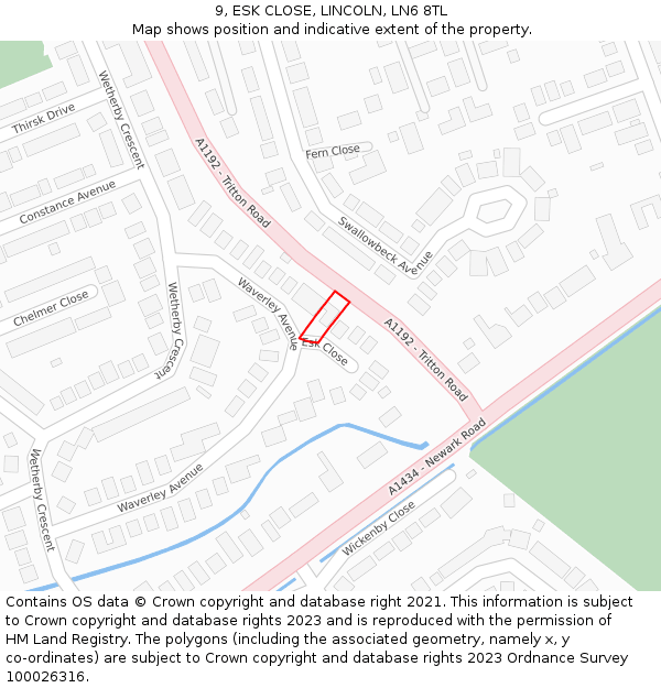 9, ESK CLOSE, LINCOLN, LN6 8TL: Location map and indicative extent of plot