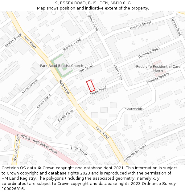 9, ESSEX ROAD, RUSHDEN, NN10 0LG: Location map and indicative extent of plot