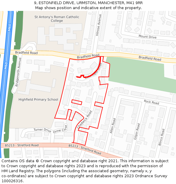 9, ESTONFIELD DRIVE, URMSTON, MANCHESTER, M41 9RR: Location map and indicative extent of plot