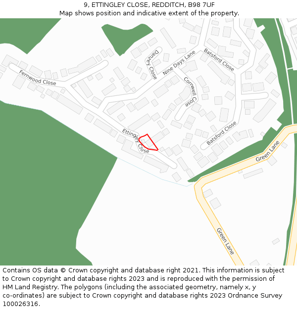 9, ETTINGLEY CLOSE, REDDITCH, B98 7UF: Location map and indicative extent of plot