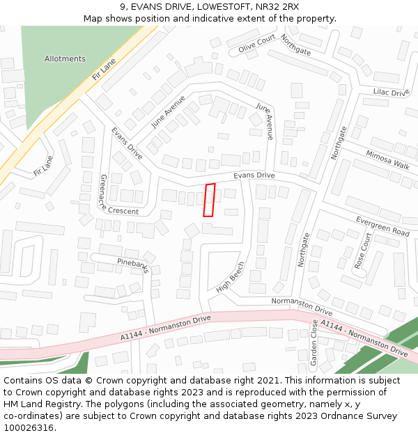 9, EVANS DRIVE, LOWESTOFT, NR32 2RX: Location map and indicative extent of plot