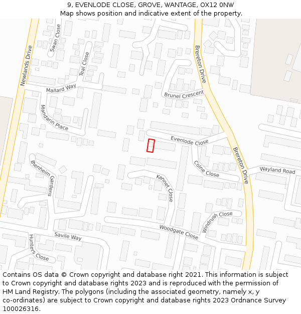 9, EVENLODE CLOSE, GROVE, WANTAGE, OX12 0NW: Location map and indicative extent of plot
