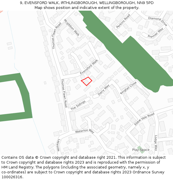 9, EVENSFORD WALK, IRTHLINGBOROUGH, WELLINGBOROUGH, NN9 5PD: Location map and indicative extent of plot