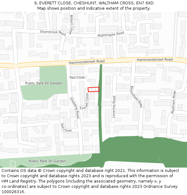 9, EVERETT CLOSE, CHESHUNT, WALTHAM CROSS, EN7 6XD: Location map and indicative extent of plot