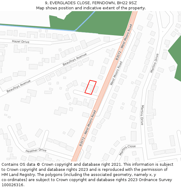 9, EVERGLADES CLOSE, FERNDOWN, BH22 9SZ: Location map and indicative extent of plot