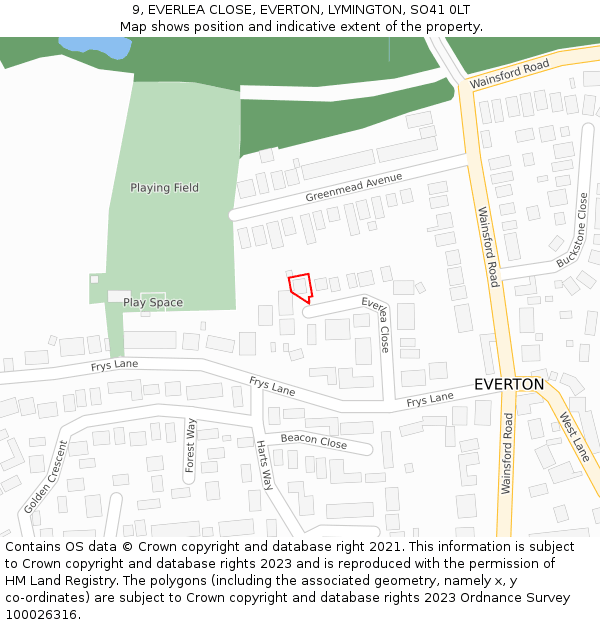 9, EVERLEA CLOSE, EVERTON, LYMINGTON, SO41 0LT: Location map and indicative extent of plot