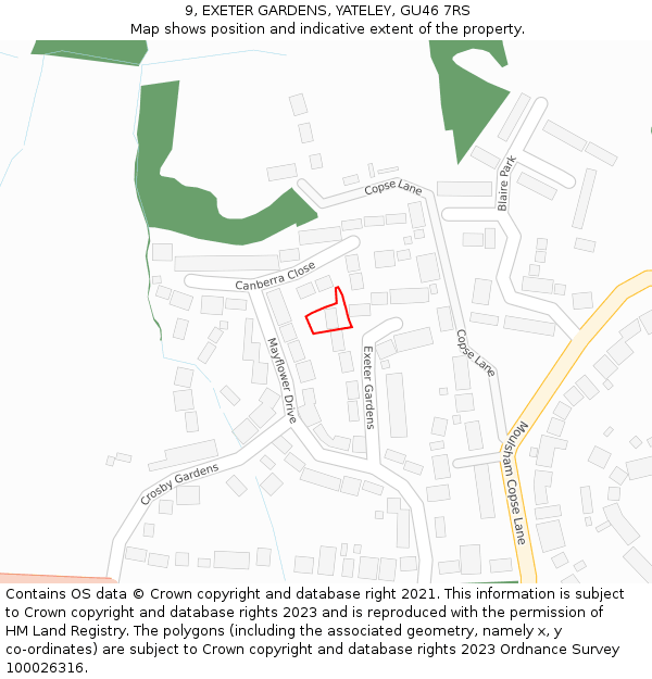 9, EXETER GARDENS, YATELEY, GU46 7RS: Location map and indicative extent of plot
