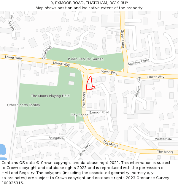 9, EXMOOR ROAD, THATCHAM, RG19 3UY: Location map and indicative extent of plot