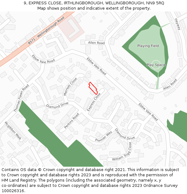 9, EXPRESS CLOSE, IRTHLINGBOROUGH, WELLINGBOROUGH, NN9 5RQ: Location map and indicative extent of plot