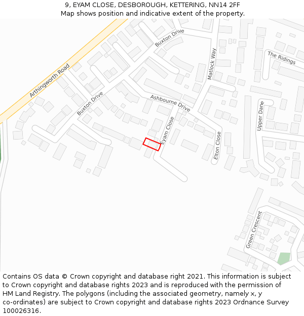 9, EYAM CLOSE, DESBOROUGH, KETTERING, NN14 2FF: Location map and indicative extent of plot