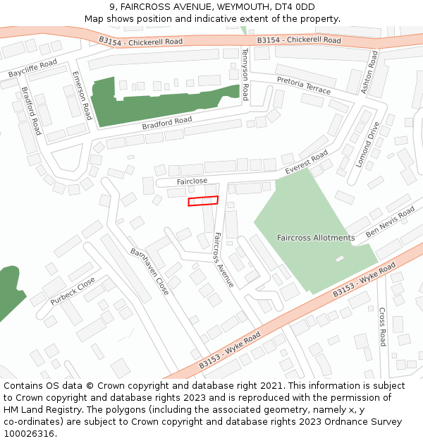 9, FAIRCROSS AVENUE, WEYMOUTH, DT4 0DD: Location map and indicative extent of plot