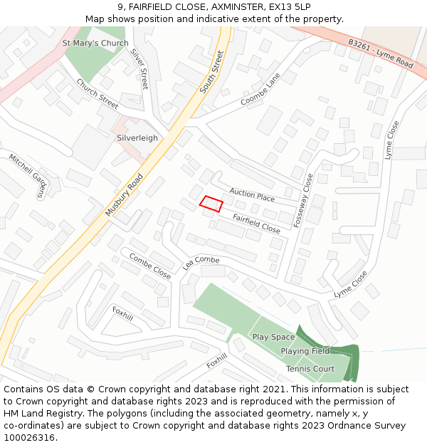 9, FAIRFIELD CLOSE, AXMINSTER, EX13 5LP: Location map and indicative extent of plot
