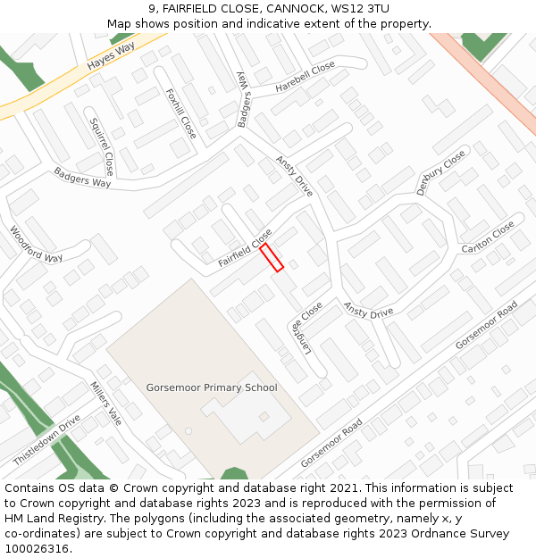 9, FAIRFIELD CLOSE, CANNOCK, WS12 3TU: Location map and indicative extent of plot
