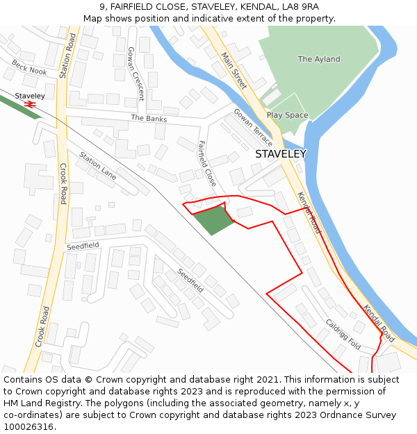 9, FAIRFIELD CLOSE, STAVELEY, KENDAL, LA8 9RA: Location map and indicative extent of plot