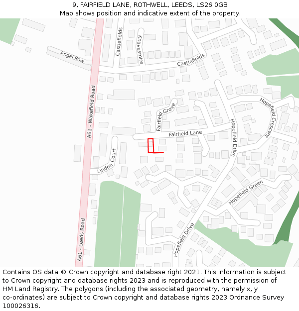 9, FAIRFIELD LANE, ROTHWELL, LEEDS, LS26 0GB: Location map and indicative extent of plot