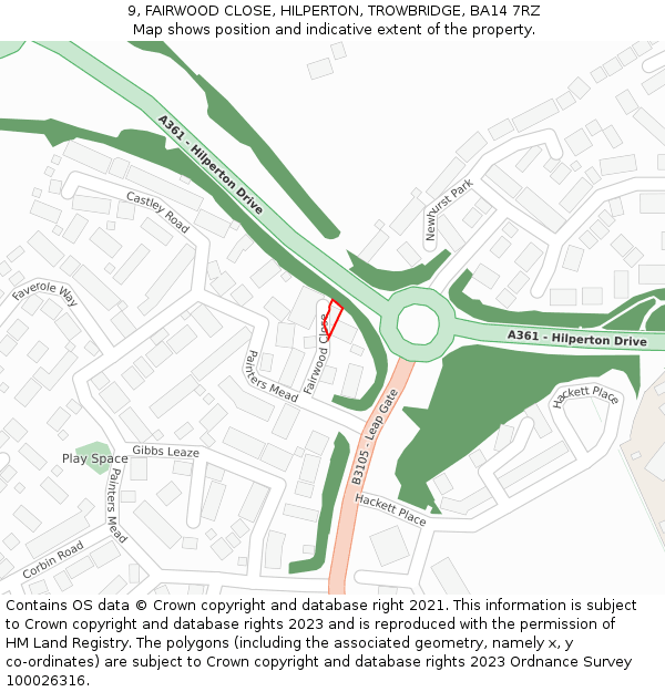 9, FAIRWOOD CLOSE, HILPERTON, TROWBRIDGE, BA14 7RZ: Location map and indicative extent of plot