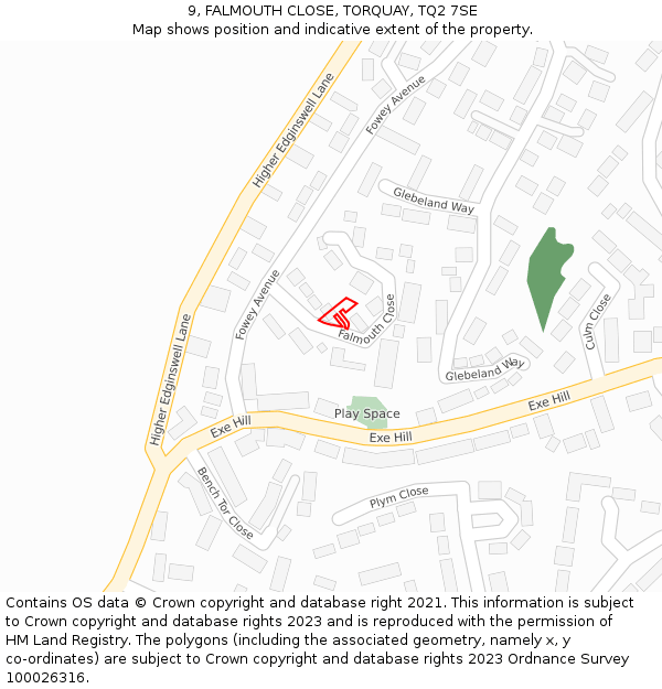 9, FALMOUTH CLOSE, TORQUAY, TQ2 7SE: Location map and indicative extent of plot