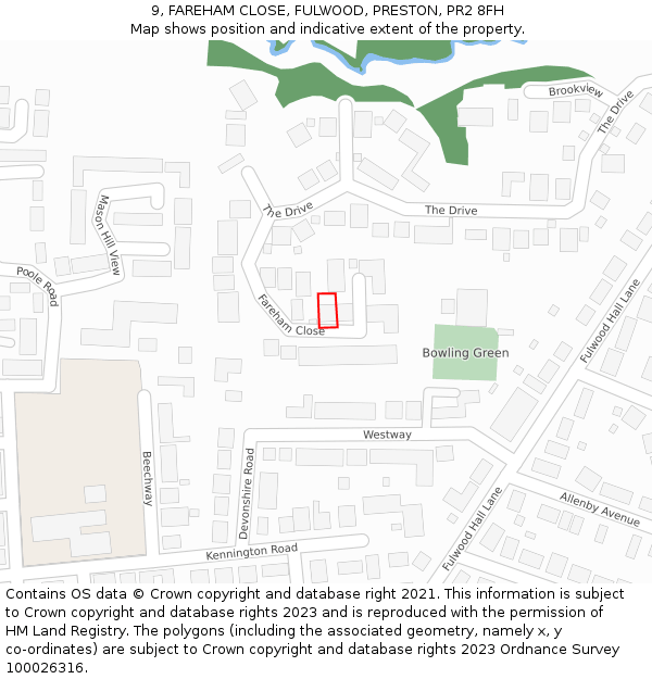 9, FAREHAM CLOSE, FULWOOD, PRESTON, PR2 8FH: Location map and indicative extent of plot
