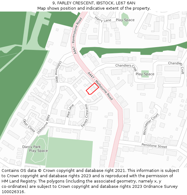9, FARLEY CRESCENT, IBSTOCK, LE67 6AN: Location map and indicative extent of plot