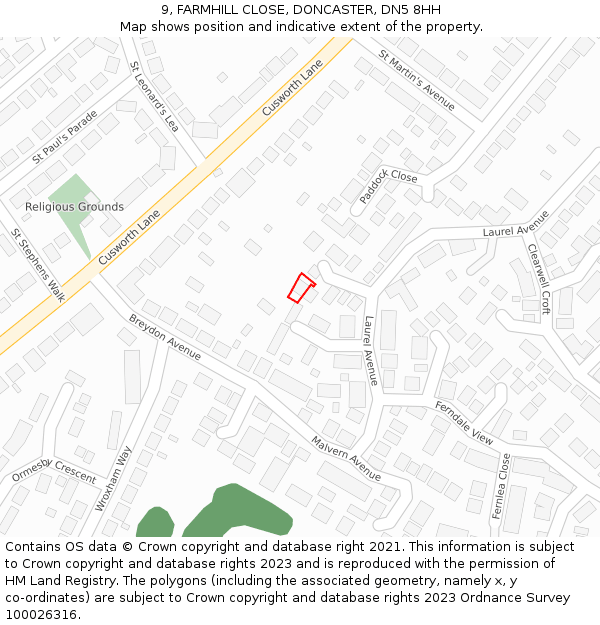 9, FARMHILL CLOSE, DONCASTER, DN5 8HH: Location map and indicative extent of plot