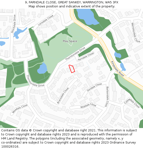 9, FARNDALE CLOSE, GREAT SANKEY, WARRINGTON, WA5 3FX: Location map and indicative extent of plot