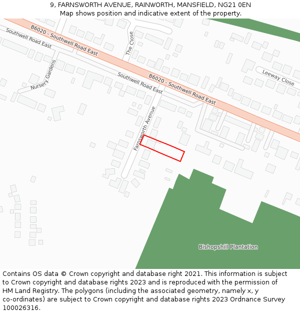 9, FARNSWORTH AVENUE, RAINWORTH, MANSFIELD, NG21 0EN: Location map and indicative extent of plot