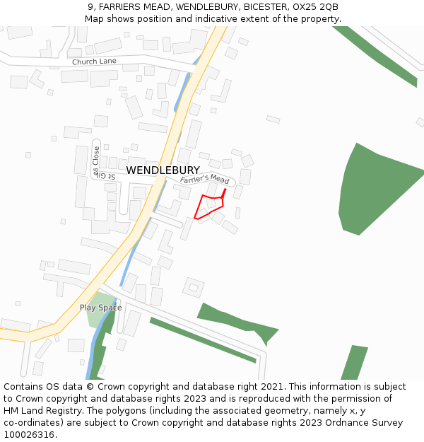 9, FARRIERS MEAD, WENDLEBURY, BICESTER, OX25 2QB: Location map and indicative extent of plot