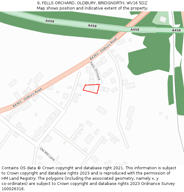 9, FELLS ORCHARD, OLDBURY, BRIDGNORTH, WV16 5DZ: Location map and indicative extent of plot