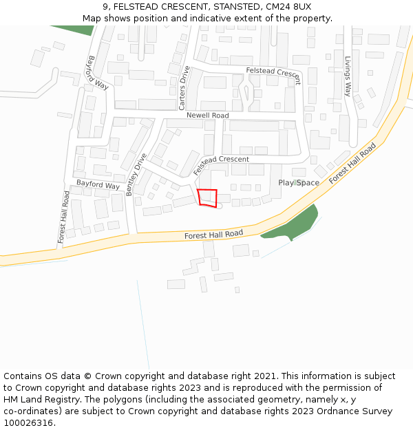 9, FELSTEAD CRESCENT, STANSTED, CM24 8UX: Location map and indicative extent of plot